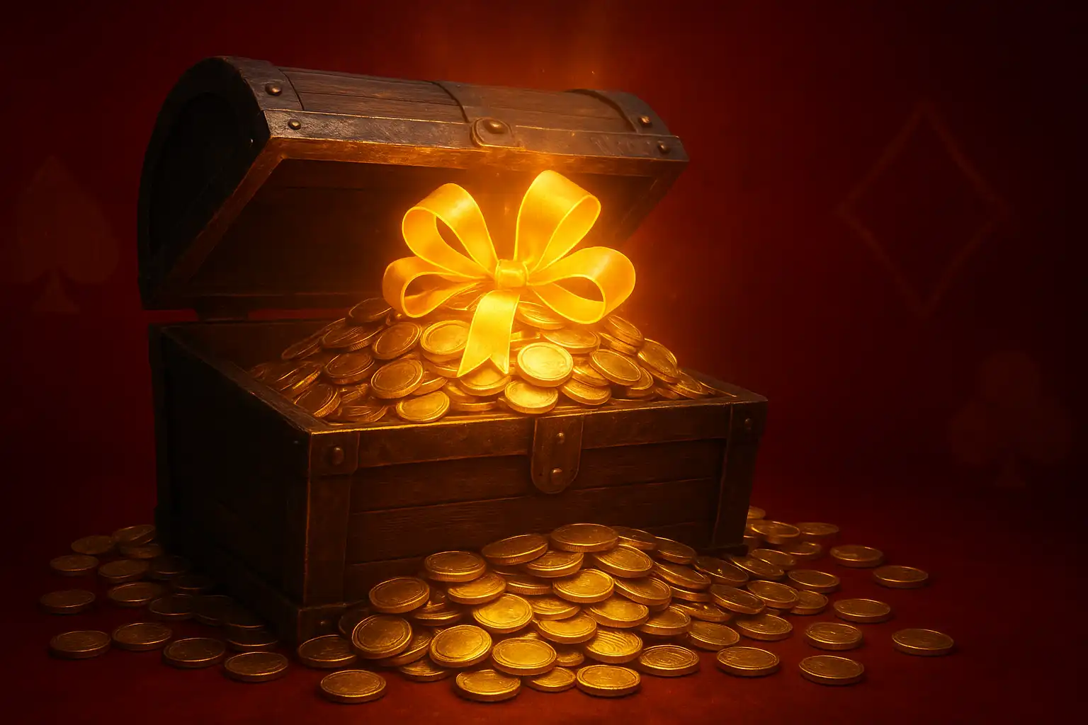 Stack of gold coins and a glowing bonus ticket on a burgundy casino table